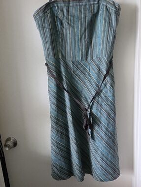 Ann Taylor Loft Teal And Brown Striped Strapless Dress